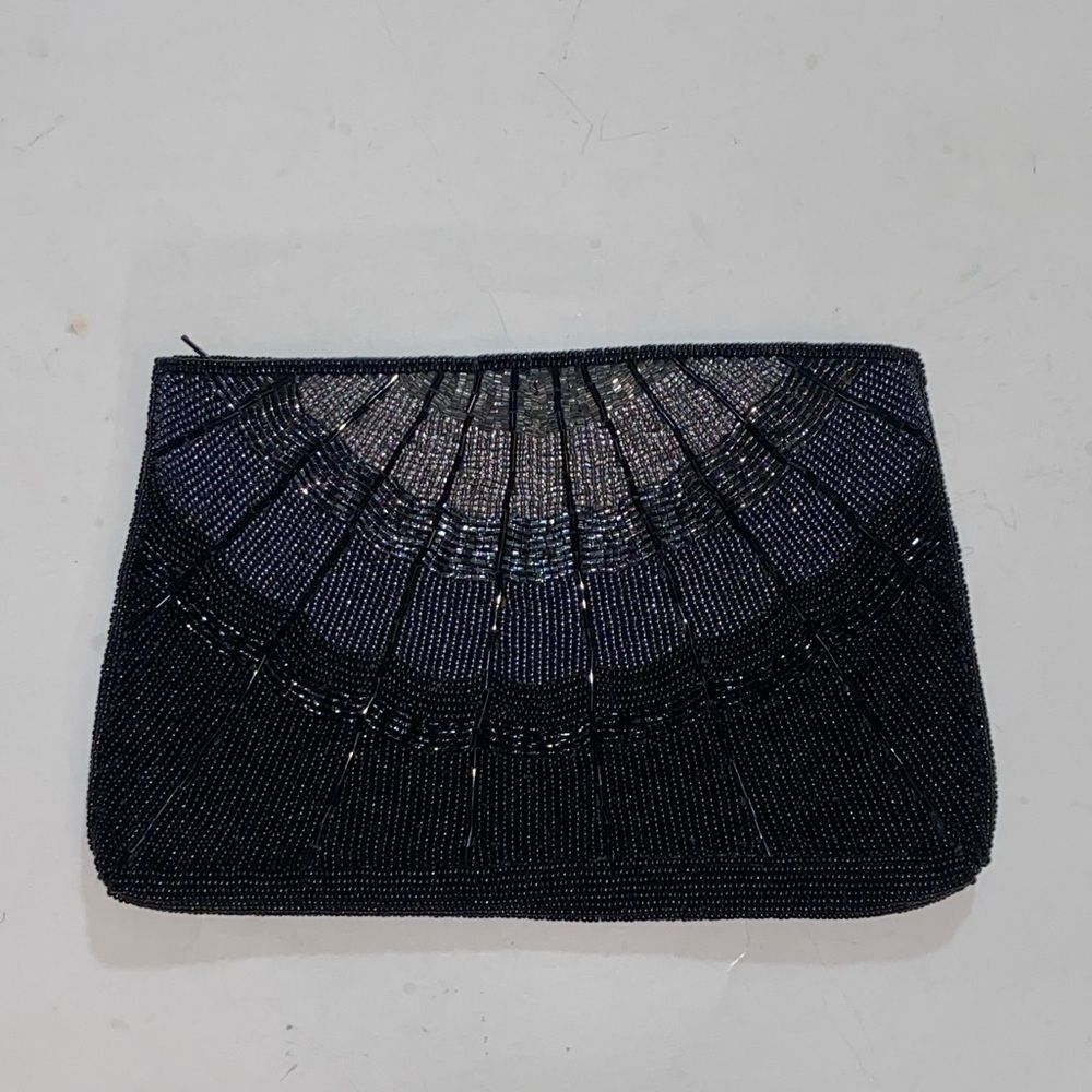 Elegant Black Beaded Clutch Size Appropriate 9X5.5”